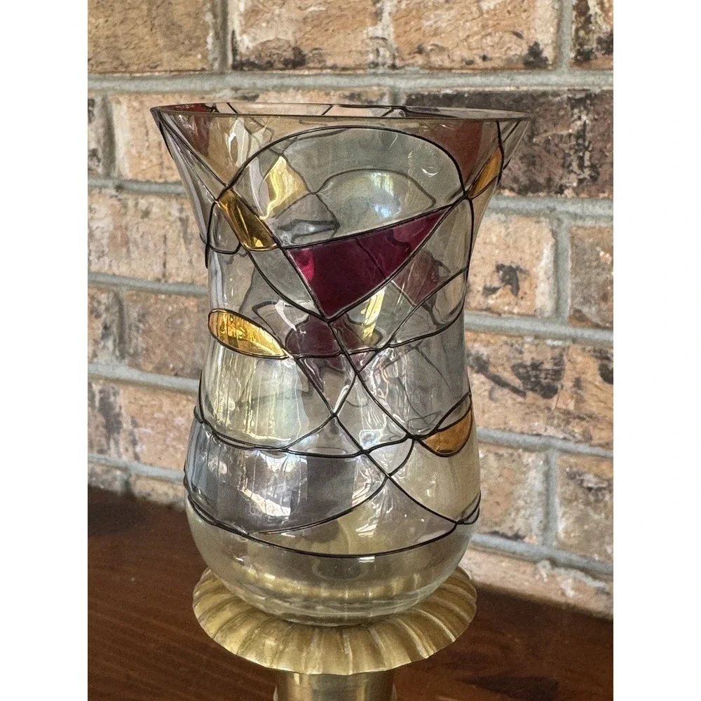 Vintage Stained Glass Votive Cups Pair Amber Red Art Glass Mid Century Style